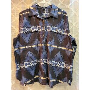 Chaps Denim Shirt Mens XL Blue Black Aztec Geometric 1/2 Button Western Cotton